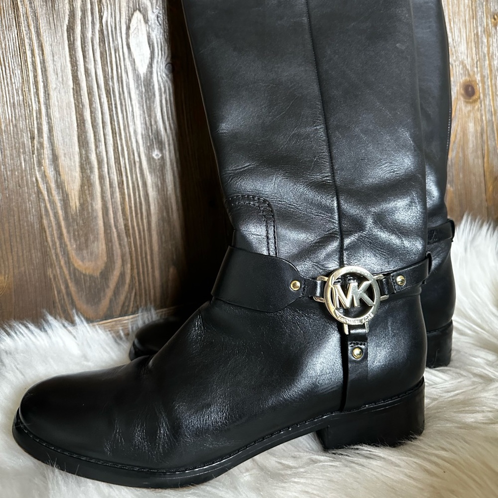Michael Kors Black / brown Leather Knee-High Boots with Logo Accent
